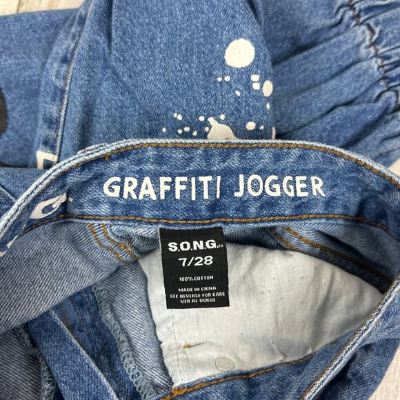 SONG Women’s 28 Blue Denim Graffiti Paint Splatter Zip Jogger Jeans - Picture 9 of 10